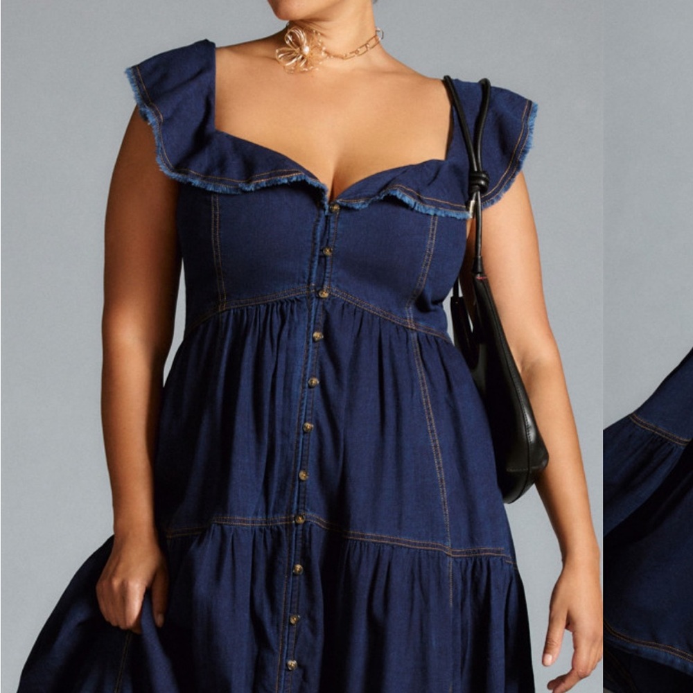 Anthropologie 1X Pilcro Sweetheart Flutter Sleeve Maxi Denim Dress EUC - Picture 10 of 15